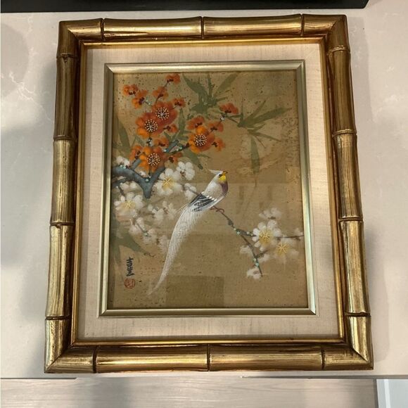 Other - Vintage Chinese watercolor painting on silk paper, framed in faux bamboo.
